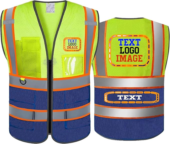 High Visibility Safety Reflective Vest with Pockets and Zipper Construction Hi Vis Work Vest(Yellow/Blue L)