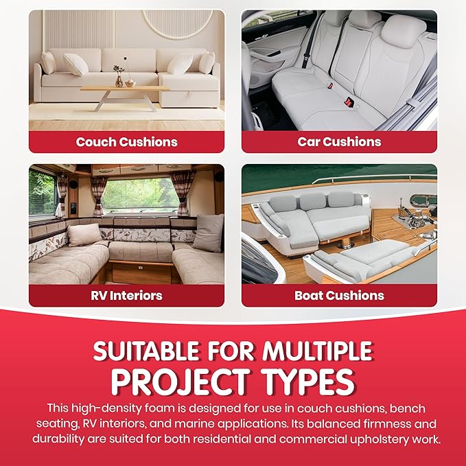 Foamy Foam High Density 4 inch Thick, 18 inch Wide, 72 inch Long Upholstery Foam, Cushion Replacement