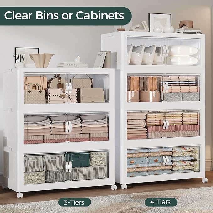 220Gal Stackable Storage Bins with Lid and Wheels, 880QT Plastic Collapsible Storage Boxes with Doors, Closet Organizer and Storage Cabinet for Home Kitchen Office Dorm Room, 4Pack White