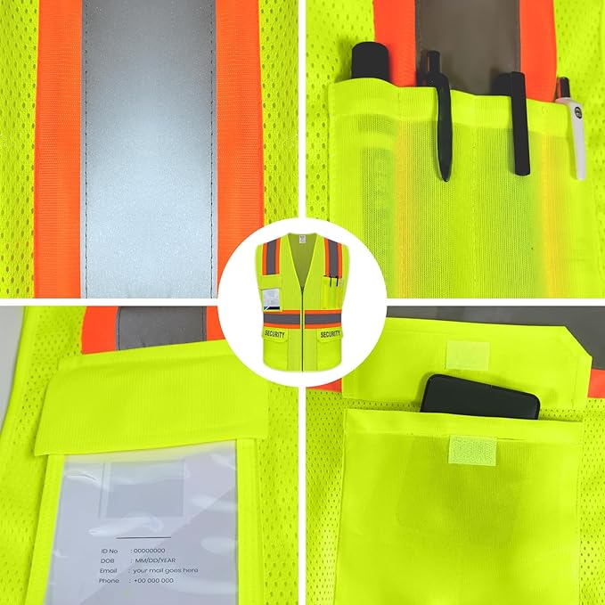 Security Vest for Men Women, Reflective Safety Vest with Pockets, Hi Vis Work Wear with Zipper, High Visibility Apparel, ANSI Compliant, Yellow, 5XL
