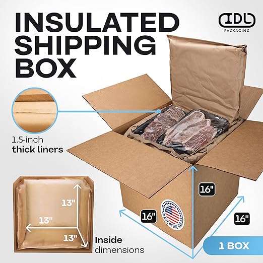 Insulated Thermal Shipping Box 16" x 16" x 16", Pack of 1 - USA-Made Cold Food Shipping Box 9.5-Gallon Capacity with Thermal Paper Liners, Absorb Condensation – Ideal for Frozen Food by IDL Packaging