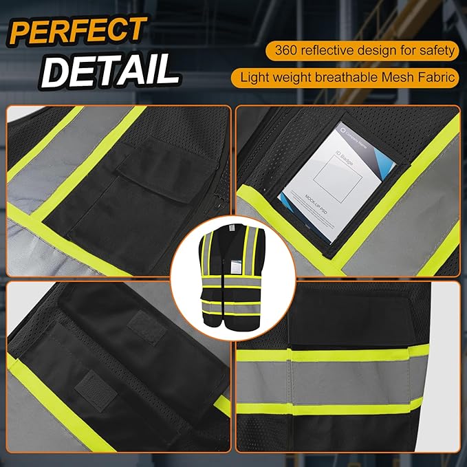 Hi Vis Vest for Men Women 5 Pockets High Visibility Vest with Reflective Strips,Safety Vest with Mesh Fabric, Breathable, (GR720-Black,3XL).