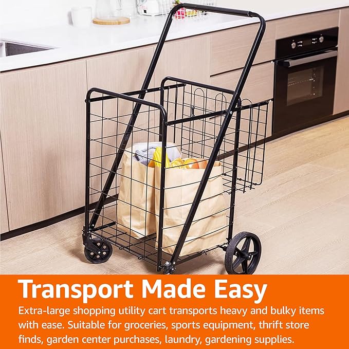 Amazon Basics Foldable Shopping Utility Cart with 360-Degree Wheels, Easy Assembly, Black, X-Large