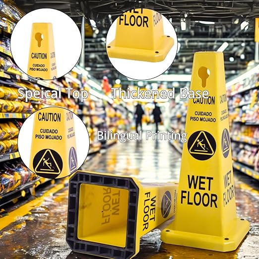 BESEA Caution Wet Floor Signs 4Pack Heavy Duty Caution Cones to Avoid Slipping When Wet Sign, Yellow 4 Sides Bilingual Printing Avoid Fall Slip Accident for Indoors&Outdoors