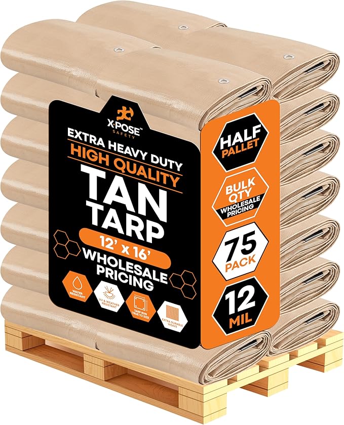 Heavy Duty Tan Poly Tarp 12' X 16' - Bulk Half Pallet (75 Pack) - Multipurpose Protective Cover - Durable, Weather Proof & Tear Resistant - 12 Mil Thick Polyethylene - by Xpose Safety