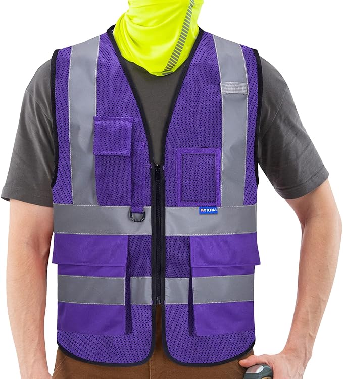 A-SAFETY High Visibility Mesh Safety Reflective Vest with Pockets and Zipper,Hi Viz Work Vest for Men Women (Purple Mesh XXXL)
