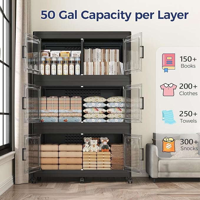 200GAL Storage Bins with Lid and Wheels, Stackable Closet Organizers and Storage Drawer, Collapsible Storage Box with Dividers, Foldable Plastic Cabinets for Room, Kitchen, 4 Pack Black