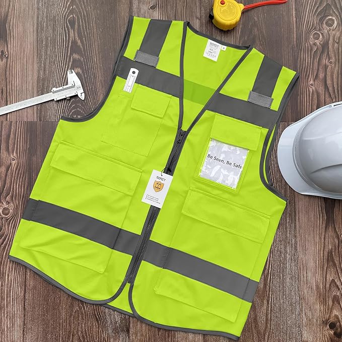 TCCFCCT Reflective Vest 5 Pockets Safety Vest for Men Women, High Visibility Surveyor Vest with Horizontal Strip for Walkie-talkie, Durable to Use, Meets ANSI/ISEA Standards, T5-Yellow, XL