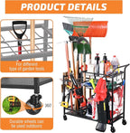 PLKOW Garden Tool Organizer with Wheels, Garden Tool Rack, Yard Tool Holder for Rakes, Shovel, Fertilizer, Garden Tool Storage for Garage, Shed, Outdoor