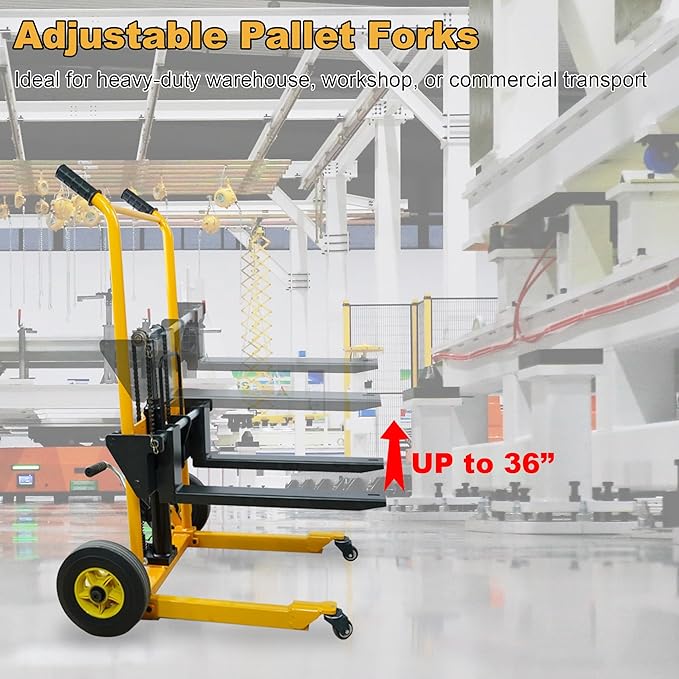 Foldable Material Lift Winch Stacker, 450LBS 36" Pallet Stacker, 2-in-1 Hand Truck Fork Lift Table Cart, Removable Platform, Adjustable Forks, Foot Pump, for Warehouse Garage Workshop