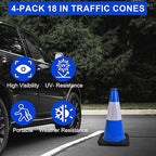 OrangeStar 18" Traffic Cones 4-Pack Blue Safety Cones with Reflective Collars, Heavy Duty Base for Construction, Parking Lot, Road Work, Flexible PVC, Indoor & Outdoor Use