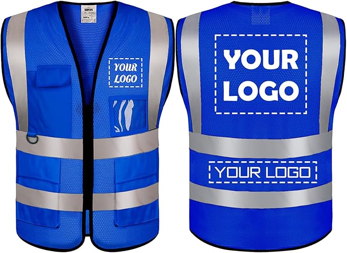 BeautyWill Mesh Safety Vest 1 pcs Customize Logo Class 2 High Visibility Reflective Vest with Pockets Construction Security Work Vest Blue