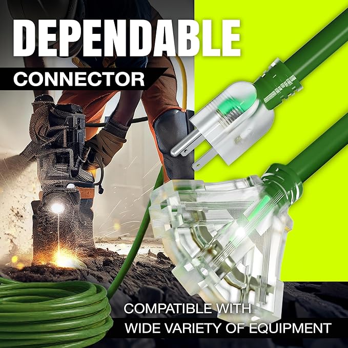 75ft Outdoor/Indoor Extension Cord 3-Outlet 12/3 Gauge Extra Heavy Duty ETL Listed, 3 Prong SJTW, Waterproof, Flexible Cold-Resistant Long Power Cord,15A 125V 1875W, Green by LifeSupplyUSA