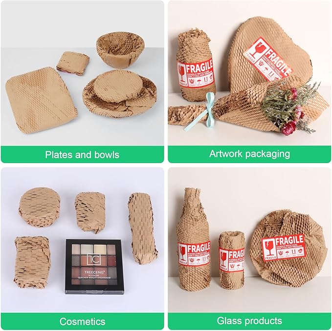 Honeycomb Packing Paper Roll - 19.68'' x 820ft, 200 Fragile Stickers Included | Wine Box, Artwork & Glassware Protector | Heavy-Duty Cushioning Wrap for Shipping, Moving & Gift Packaging