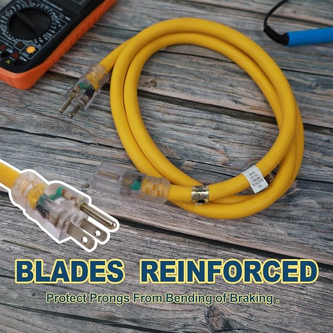 EP 30 Ft Lighted Outdoor Extension Cord - 10/3 SJTW Heavy Duty Yellow Extension Cable with 3 Prong Grounded Plug for Safety, ETL Listed