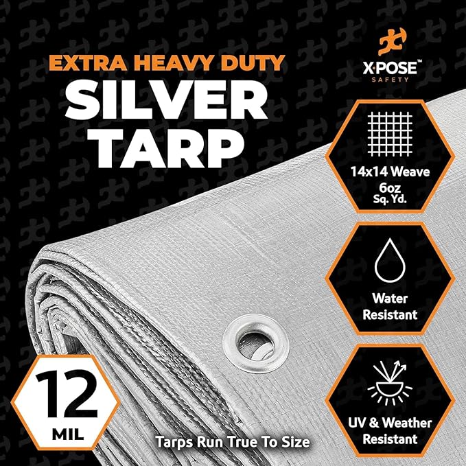 Heavy Duty Silver Poly Tarp 15' X 20' - Bulk Half Pallet (60 Pack) - Multipurpose Protective Cover - Durable, Weather Proof & Tear Resistant - 12 Mil Thick Polyethylene - by Xpose Safety