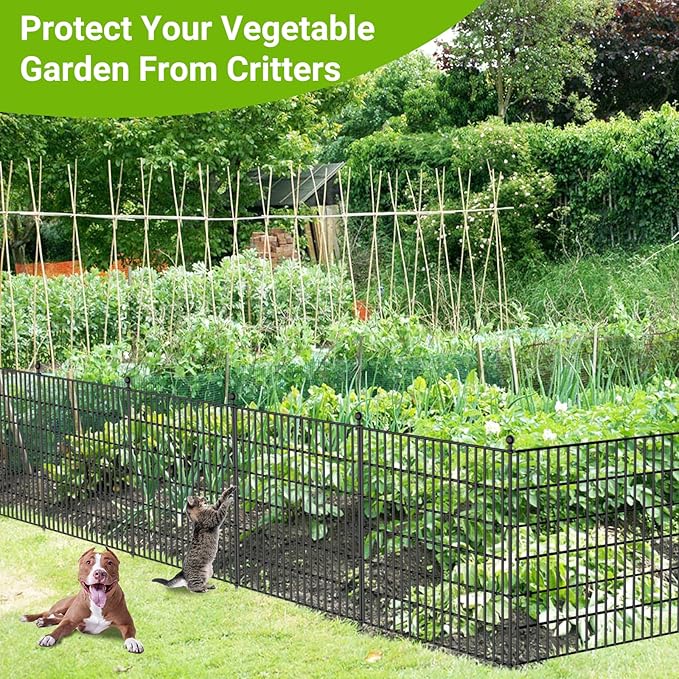 10 Panels No Dig Decorative Outdoor Garden Fence for Yard, 24 in(H) X 20 ft(L) Animal Barrier Fencing Rustproof Metal Wire Panel Border for Dog, Rabbits, and Patio Temporary Ground Stakes