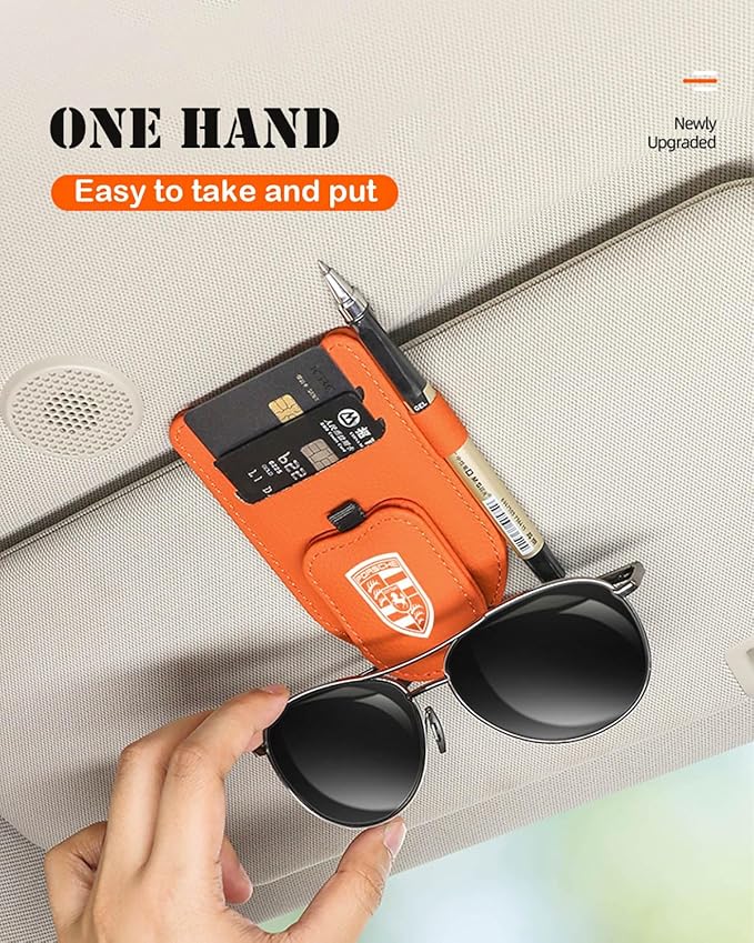 Sunglasses Holder for Car Visor, Magnetic Leather Glasses Eyeglass Clip, With Ticket and Pen Clip (Grey)