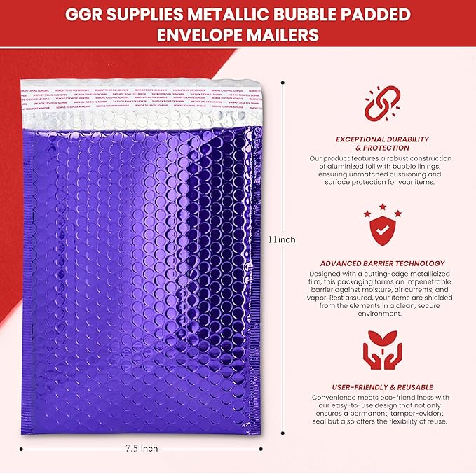 GGR Supplies Metallic Bubble Padded Envelope Mailers, 7.5 X 11 Inches, Waterproof Ultra Resistant Ideal For Packing, Shipping, and Storing. Pack of 25 (Purple)