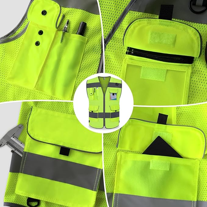 TCCFCCT Mesh Hi Vis Vest 9 Pockets High Visibility Reflective Safety Vest for Men Women, Safety Construction Vest with Reflective Strips, Meets ANSI/ISEA Standards, (Yellow, Medium)