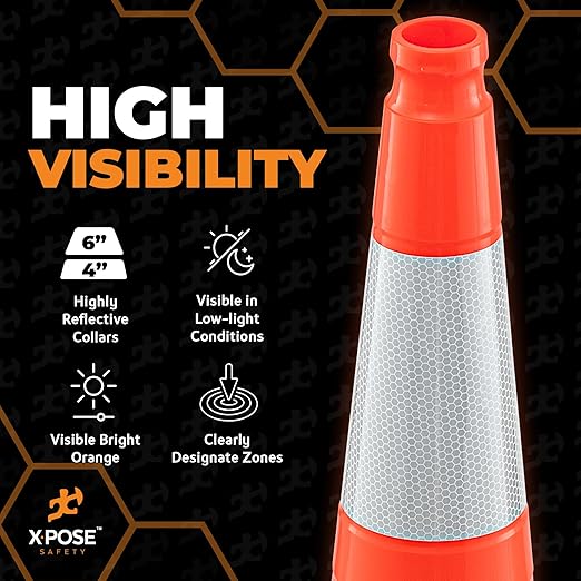 Xpose Safety 36 Inch Orange Slim Line Traffic Cones Heavy Duty 12lb with 6" & 4" Collars, 1 Pack Multipurpose PVC Plastic Safety Cone for Parking, Soccer, Caution, Kids & Construction - DOT Approved