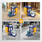 TUFFIOM Commercial Traditional Cleaning 3-Shelf Janitorial Cart, 500 Lbs Capacity Housekeeping Cart, Wheeled with Yellow VinylBag and Cover w Lid, Blue
