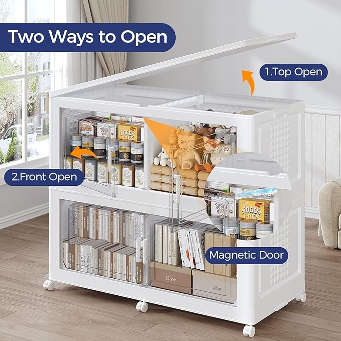 640 QT Extra Large Stackable Storage Bins with Lid, 160 Gal Collapsible Storage Box with Wheels, Folding Closet Organizers and Storage Cabinet with Doors for Home, Kitchen, Office, 4Pack White