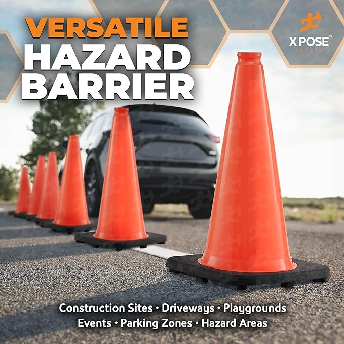Xpose Safety 18 Inch Orange Traffic Cones, 4-Pack - Multipurpose PVC Plastic Safety Cone for Parking, Soccer, Caution, Kids and Construction - DOT Approved