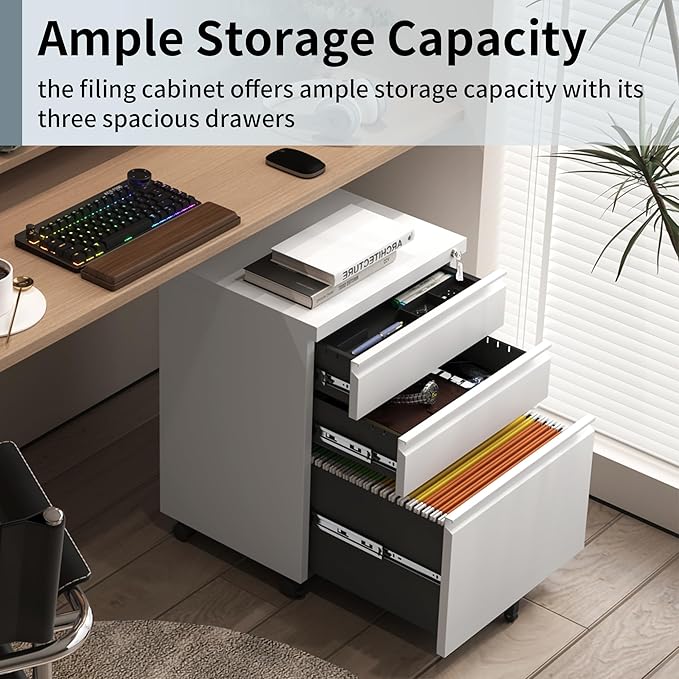 Mobile File Cabinet for Home Office, Lockable 3 Drawer Filing Cabinet with Wheels for A4-Size/Letter-Size/Legal-Size, Fully Assembled Except Casters, White
