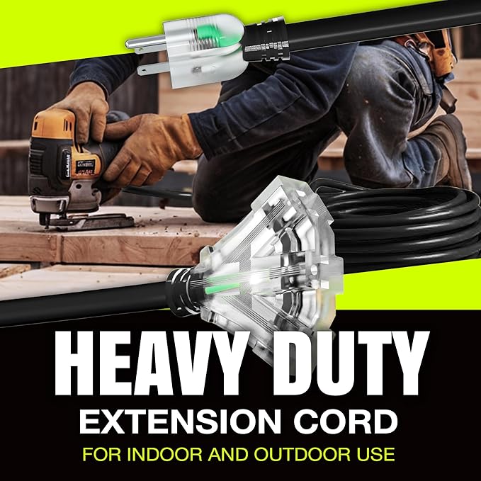10ft Outdoor/Indoor Extension Cord 3-Outlet 12/3 Gauge Extra Heavy Duty 3 Prong SJTW, Waterproof, Flexible Cold-Resistant Long Power Cord,15A 125V 1875W, Black by LifeSupplyUSA