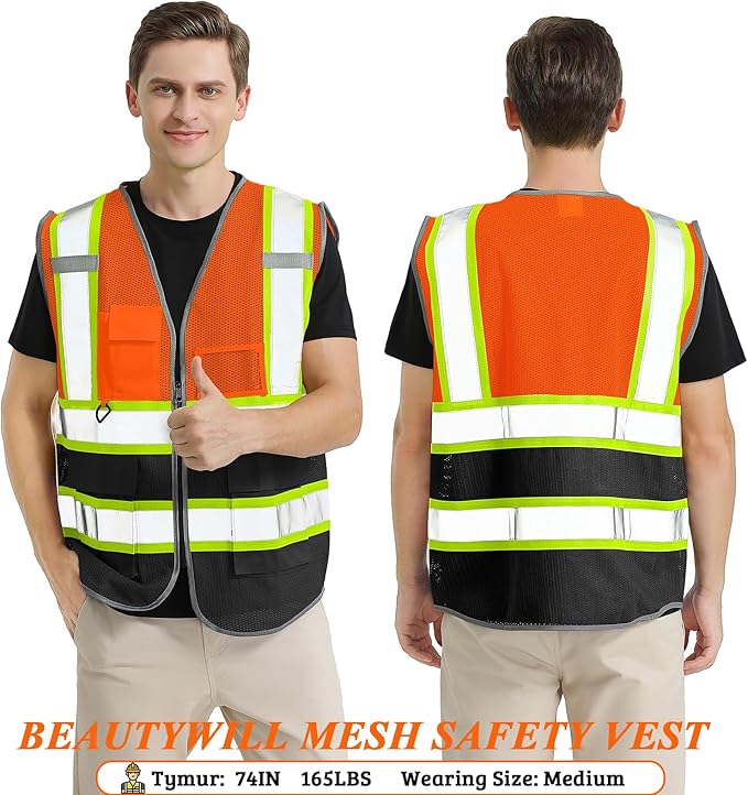 10 Pack Custom Safety Vest Customized Logo Mesh Vest Class 2 High Visibility Reflective Vest with Pockets Workwear（Orange Black，L ）