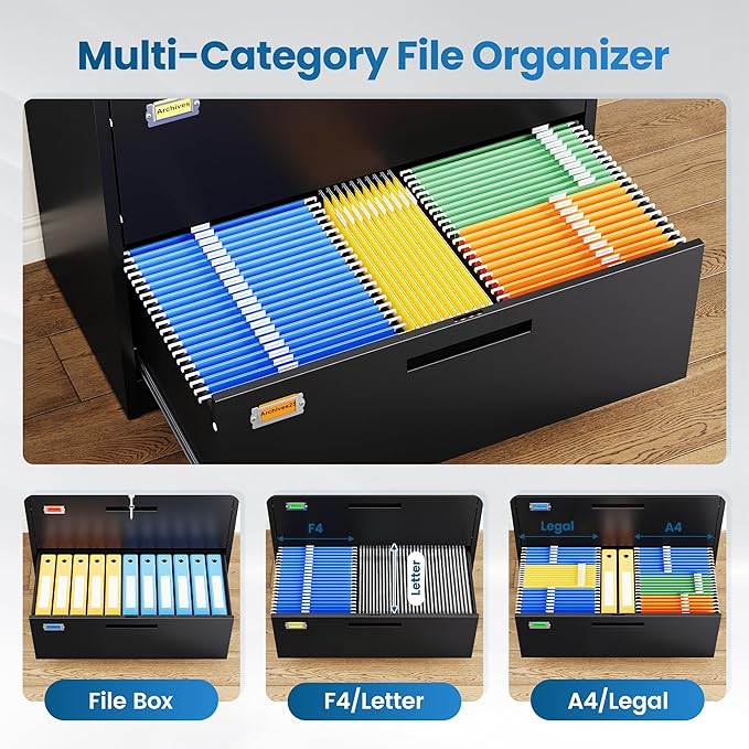 3 Drawer File Cabinet, Lateral Filing Cabinets for Home Office, Office Storage Drawers with Lock, Hanging Files Legal/Letter A4 Size (Assemble Required,Black)