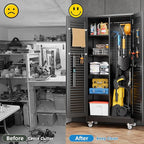 Garage Storage Cabinet with Wheels and 4 Shelves, Metal Broom Closet Storage Cabinet with Hanging Rod, Pegboard and 13 Hooks for Garage Home, Black, Assembly Required