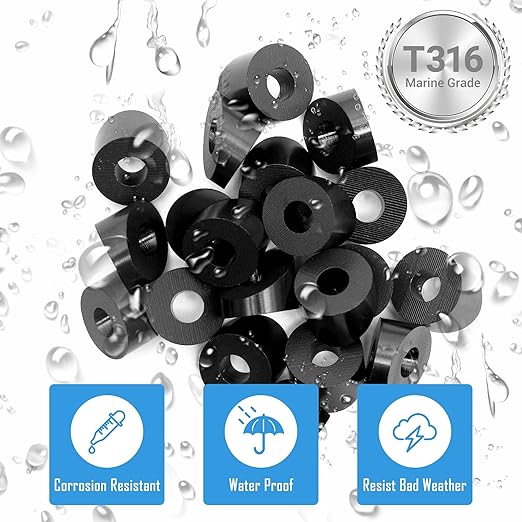Helffer 50 Pack 1/4" ID Black Angle Beveled Washers for Cable Railing, Stainless Steel 30 Degree Washers for 1/8" 3/16" 5/32" Stair Deck Cable Railing Kits