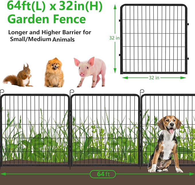 Decorative Metal Garden Fence with Gate, 32in(H) x 64Ft(L) No Dig Fence 24 Panels Fencing for Dogs Animal Barrier Fence Garden Fencing for Yard, Patio, Flower Bed