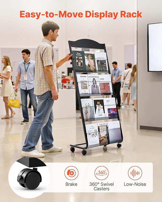VEVOR Brochure Display Rack, 4-Tier Magazine Literature Display Stand with Wheels, Movable Floor Standing Magazine Rack, Heavy Duty Newspaper Catalog Holders for Shop Exhibitions Office Craft Fairs