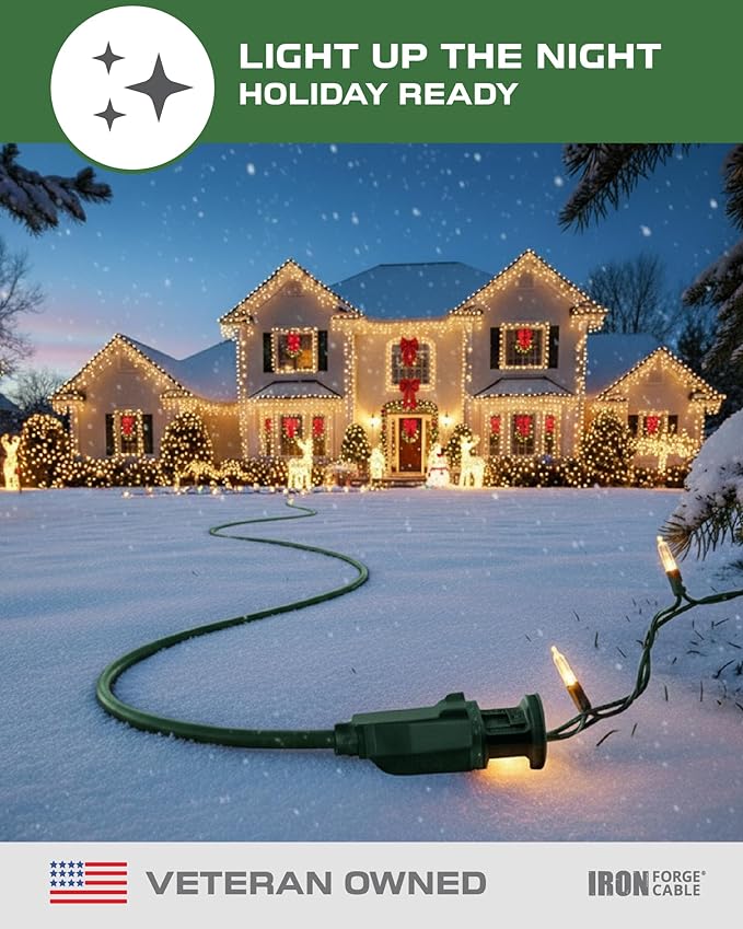 Iron Forge Cable 2 Pack Weatherproof 8 Ft Outdoor Extension Cord - 16/3 SJTW Heavy Duty Green Extension Cord 3 Prong - 13 Amp Exterior Power Cable
