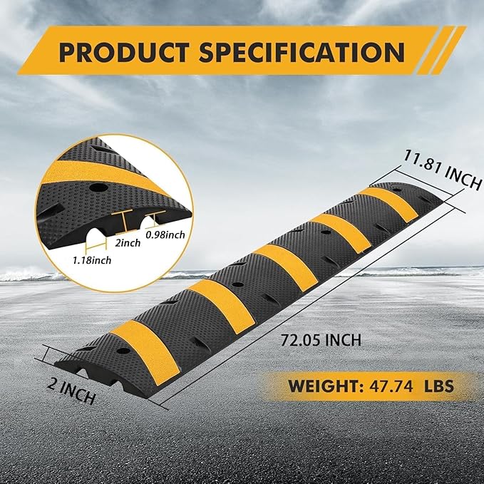 6FT Heavy Duty Recycled Rubber Speed Bump, 2 Pack 25,000 Lbs Capacity Modular Traffic Hump, 2 Channel Floor Cord Cover for Parking Lot, School, Warehouse, Durable & Portable