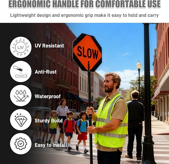 2 Pack Stop Slow Sign 18 x 18 Inches with 66" Telescopic Handle, Double Sided Handheld Stop/Slow Paddle Sign, Adjustable Reflective Aluminum Traffic Signs with Engineer Grade Film for Road Street