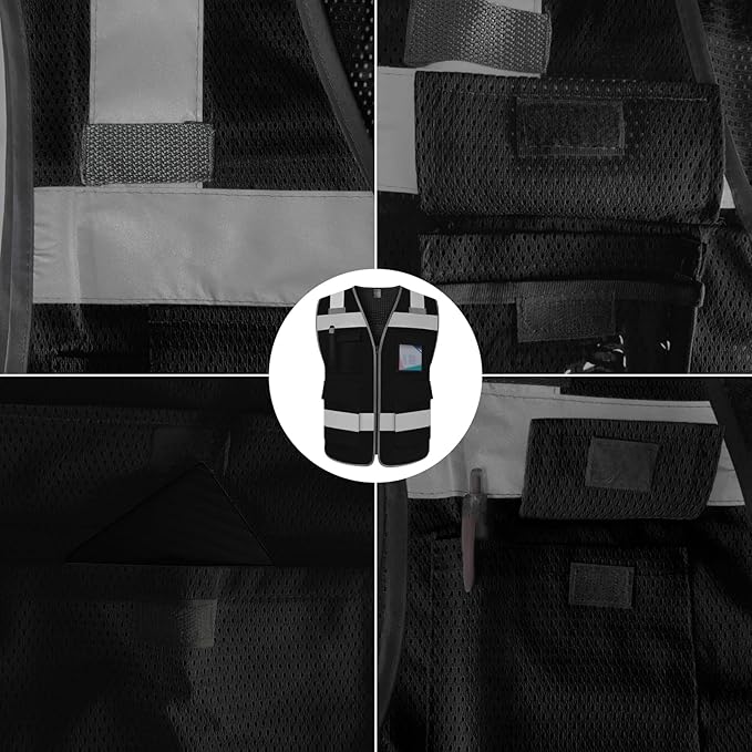 TCCFCCT Reflective Safety Vest with 5 Pockets High Visibility Vest for Men Women, Work Vest with Horizontal Strip for Walkie-talkie and ID Card, Meets ANSI/ISEA Standards, Black, 4XL