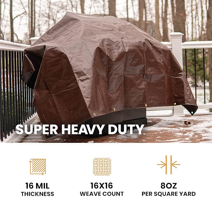 WHITEDUCK Super Heavy Duty Poly Tarp Cover 16 Mil & 10 Mil with Grommets and Reinforced Edges (Brown, White & Silver Black) (Brown- 16 Mil, 20' x 20')