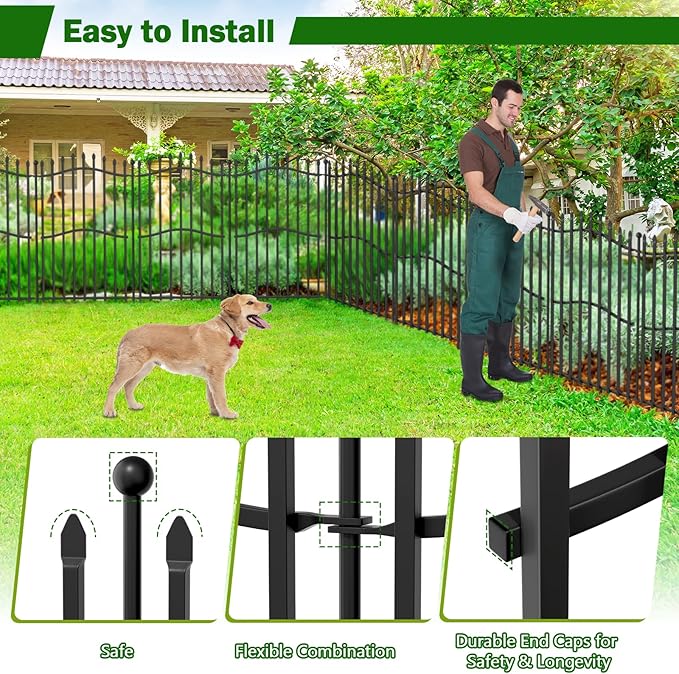 8 Panels Tall No Dig Garden Fence - 40in H x 18ft L, Reinforced Square Tube Rustproof Animal Barrier, Decorative Metal Fencing for Yard & Outdoor Dog Pet Play Areas