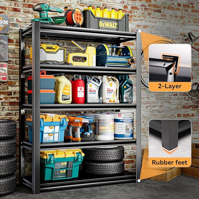 72" H Garage Shelving Units 5-Tier Adjustable Storage Shelves 2500LBS Heavy Duty Metal Shelves Utility Industrial Shelving Rack for Garage Warehouse Pantry Basement,Black (23.6" D×47.2" W×72" H)