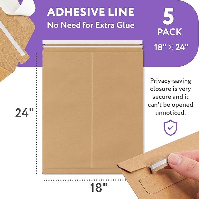 Natural Brown Kraft Rigid Mailers, 18 x 24 Inches. Pack of 5 Paperboard Envelopes. Sturdy Stay Flat Mailers with Self-Seal Closure. Recyclable Hard Envelopes for Mailing. Stayflat Mailer