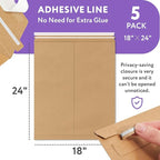 Natural Brown Kraft Rigid Mailers, 18 x 24 Inches. Pack of 5 Paperboard Envelopes. Sturdy Stay Flat Mailers with Self-Seal Closure. Recyclable Hard Envelopes for Mailing. Stayflat Mailer
