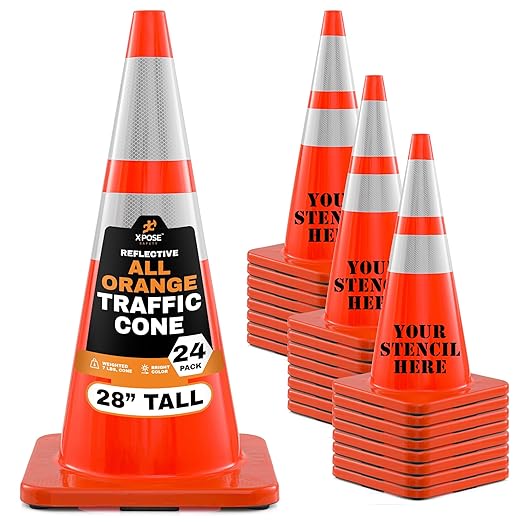 Xpose Safety 28 Inch Orange Traffic Cones with 6" & 4" Collars, 24-Pack - Multipurpose PVC Plastic Safety Cone for Parking, Soccer, Caution, Kids and Construction - DOT Approved