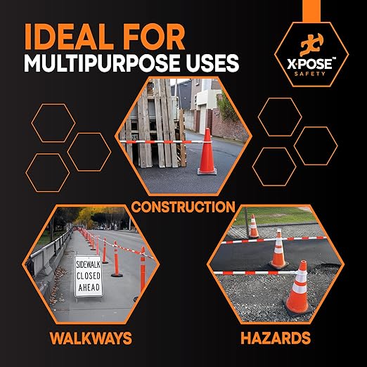 Retractable Barrier for Safety Traffic Cones - 2" OD - Large Yellow and Black Bar Barricade - for Road Construction, Parking, Warning, Temporary Security Divider (80, Orange & White, 72" x 120")