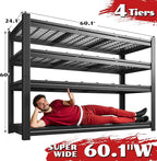 60.1" W Storage Shelves Extra Wide Metal Shelving 2500LBS Garage Shelving Adjustable 4 Tier Garage Shelves Industrial Metal Shelf for Basement Warehouse Shop 60.1" W x 24.1" D x 60" H