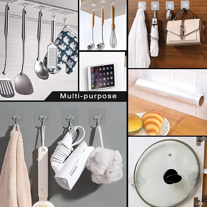 ZESLMG Heavy Duty Sticky Wall Hooks for Hanging, 36 Pack Self Adhesive Hooks 44lb Clear, Removable Large Shower Hook No Damage for Towel Key Coat Picture Wreath Outdoor Bathroom Kitchen, Waterproof