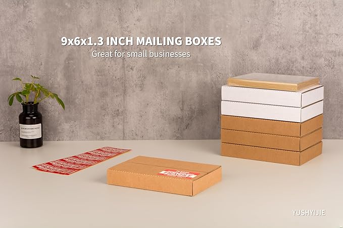 50 Pack 9x6x1.3 inch Small Shipping Boxes, Multi-Depth Flat Cardboard Boxes with Fragile Stickers for DVD Shipping, Packing, Moving, Storage, Brown